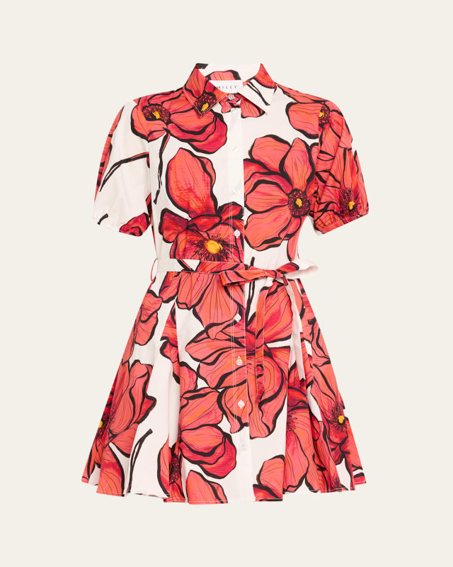 Juni Floral-Print Godet Poplin Mini Dress